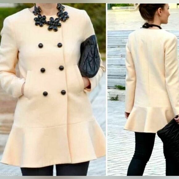 Zara Cream Peplum Double Breasted Coat Size Large NWT - Picture 1 of 8